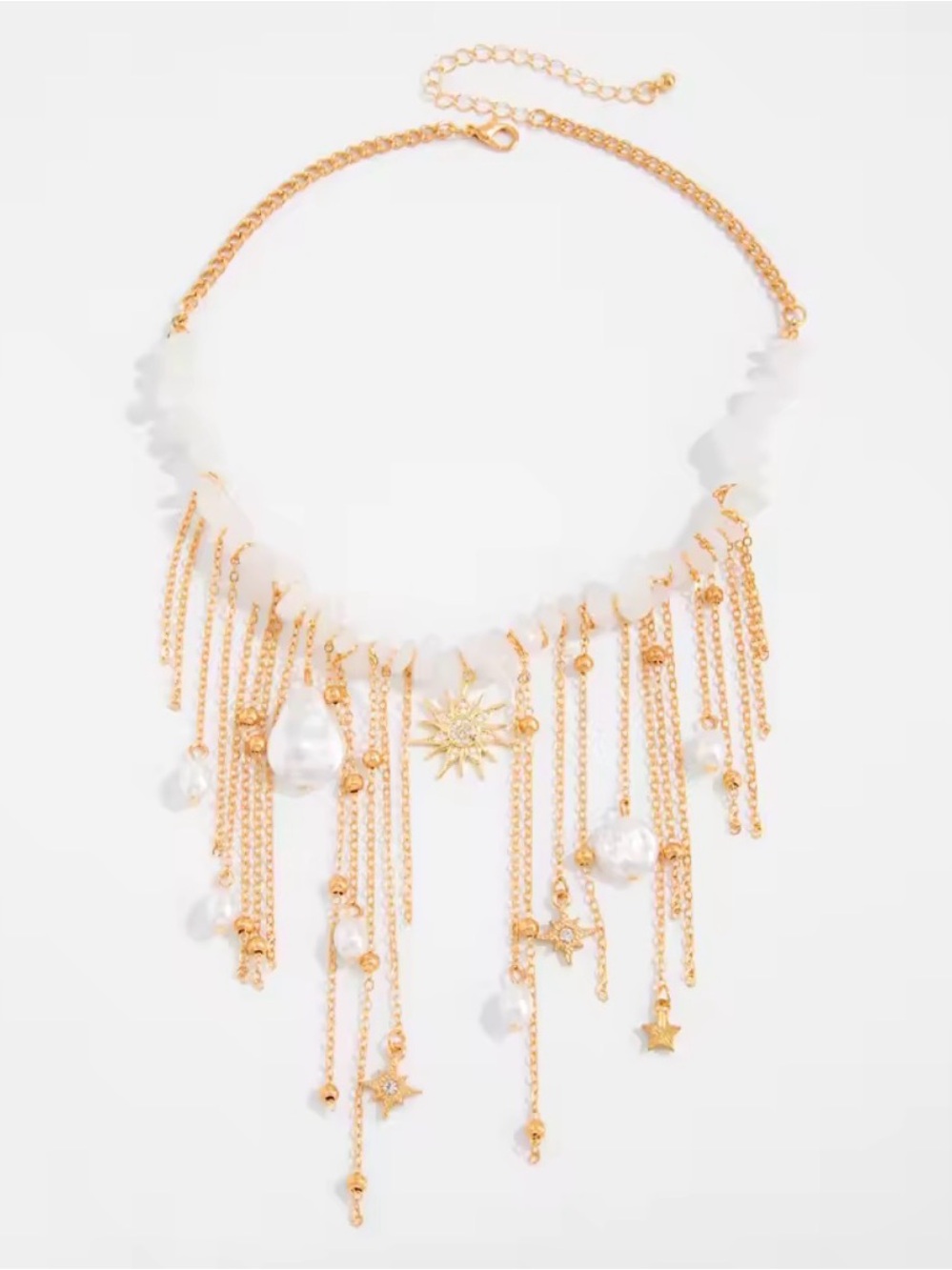 Celestial Pearl Waterfall Statement Necklace | Boho Luxury Gold Chain Choker - Picture 5 of 7